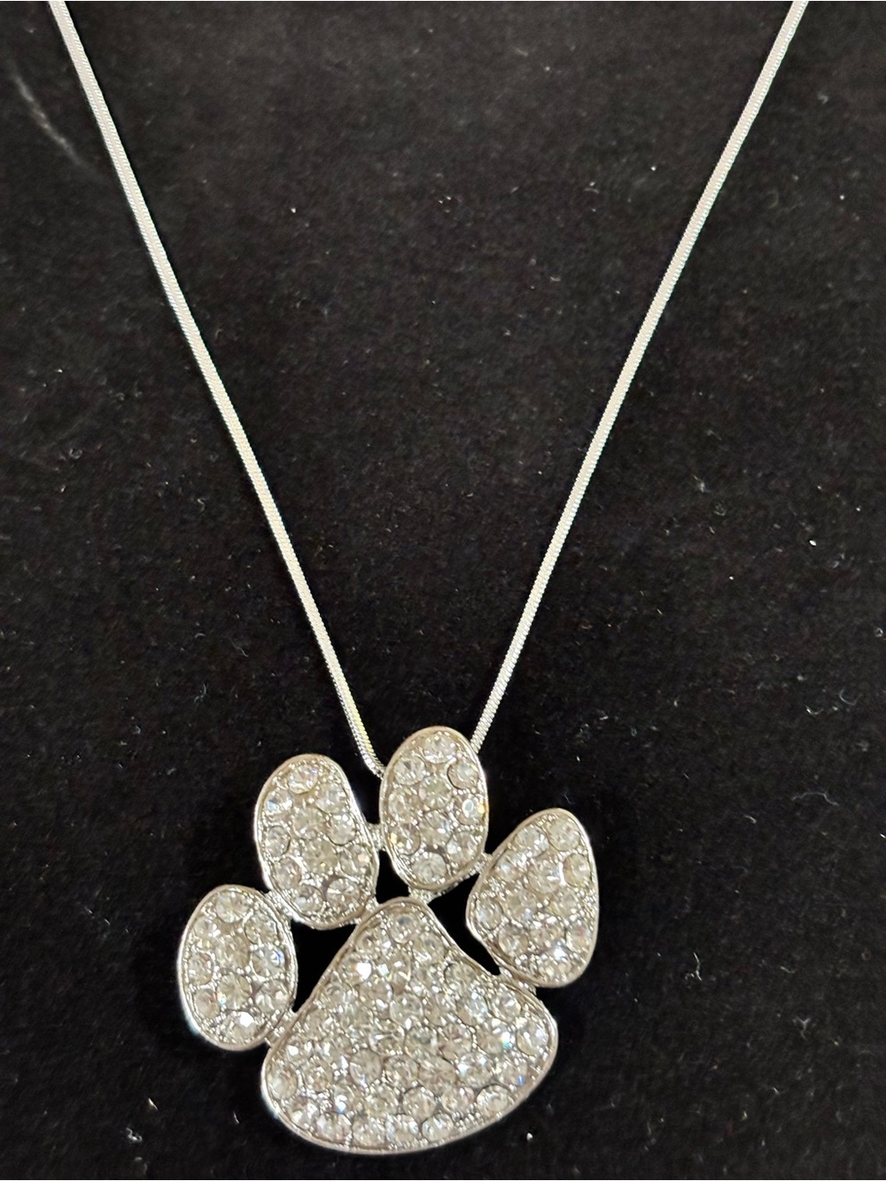 Silver Tone Rhinestone Paw Print Pendant Necklace